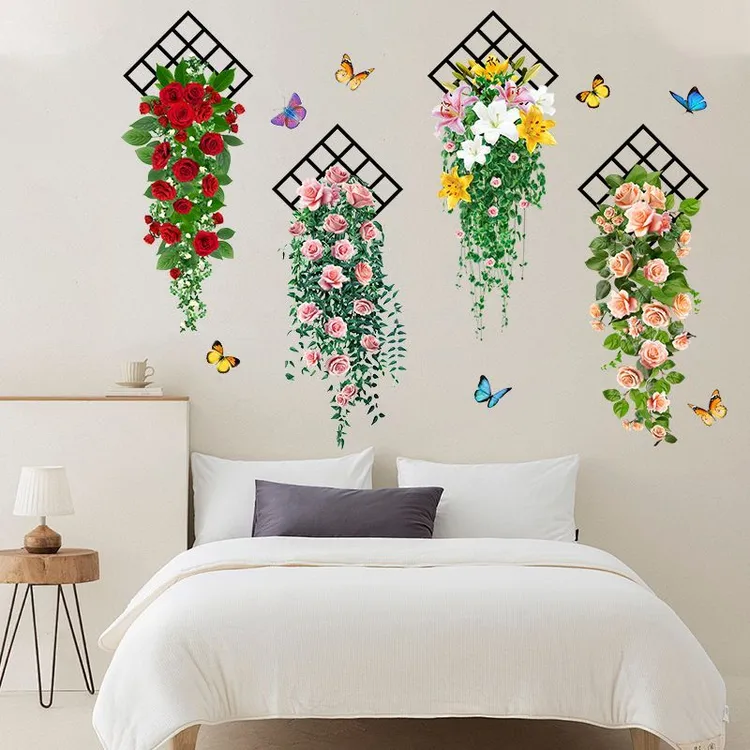 花朵花篮蝴蝶绿植吊篮自粘温馨布置墙贴画客厅卧室装饰墙壁贴画