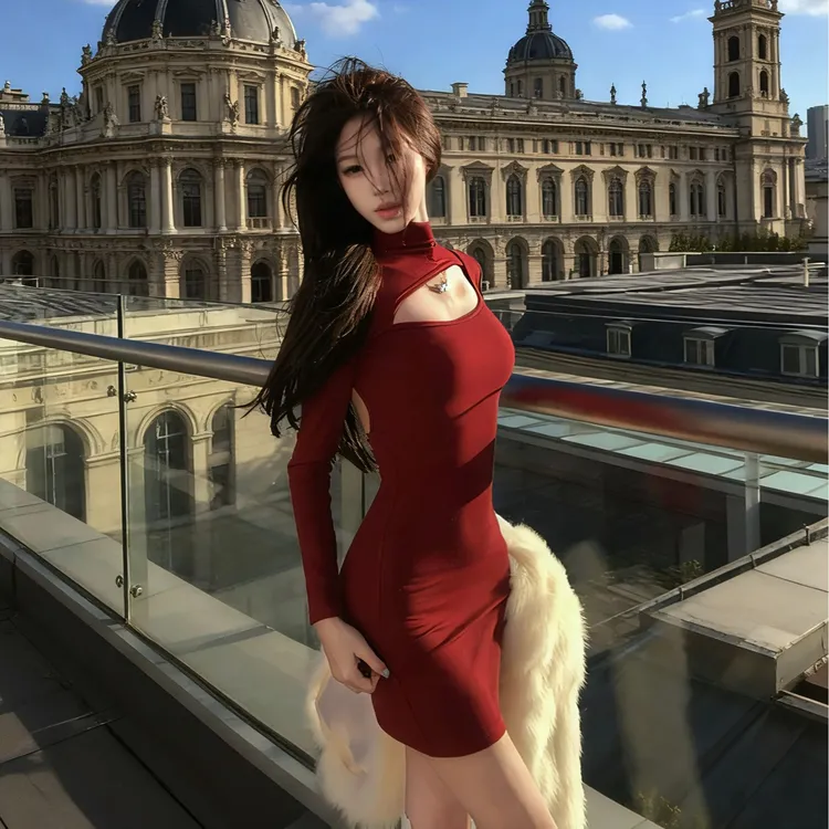 Teptdc |唯一正版原创!!赤焰缪斯圣诞酒红解构镂空露背包臀连衣裙