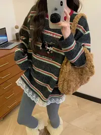 루루가−（甜心猫咪）韩系条纹圆领长袖女秋季新款蕾丝拼接宽松显瘦上衣