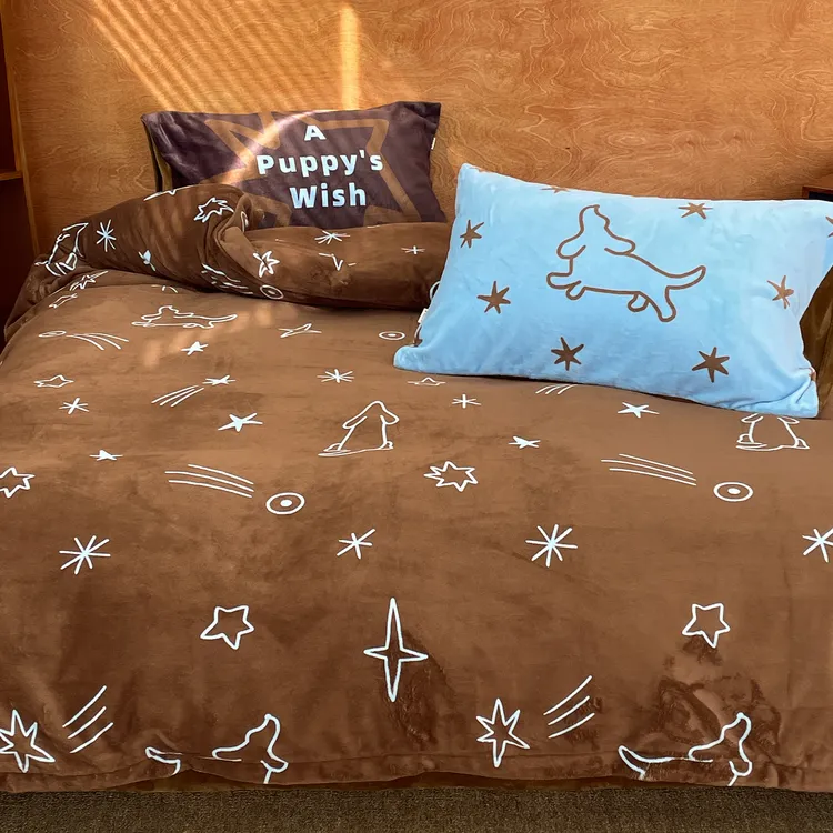 小狗许愿时 原创美式复古奶油绒三四件套加厚蓝棕撞色床单床笠款