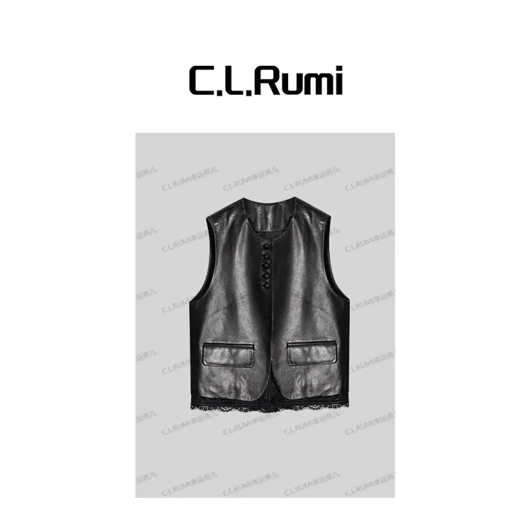 【Rumi女装】“黑月”经典轻奢气质蕾丝花边真皮羊皮皮马甲7623bx