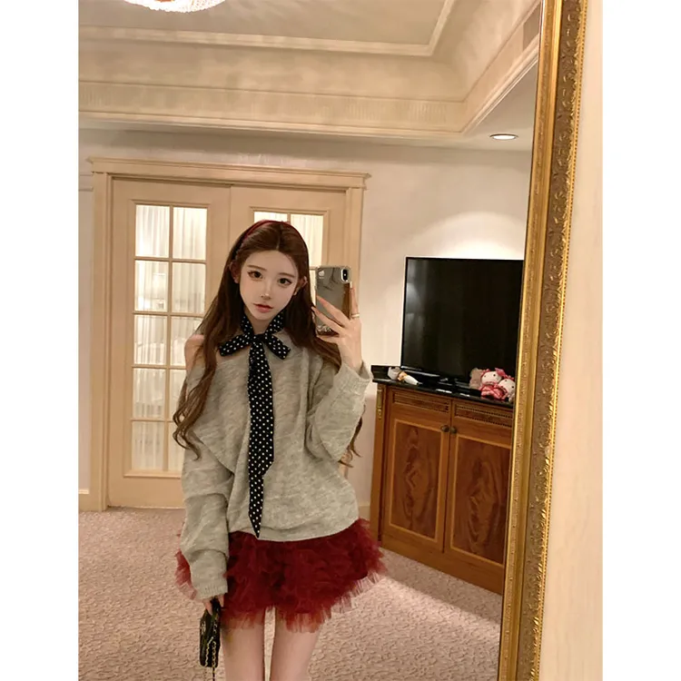 秋冬新款甜美风洋气小众设计感露肩长袖上衣高腰红色半身裙套装女