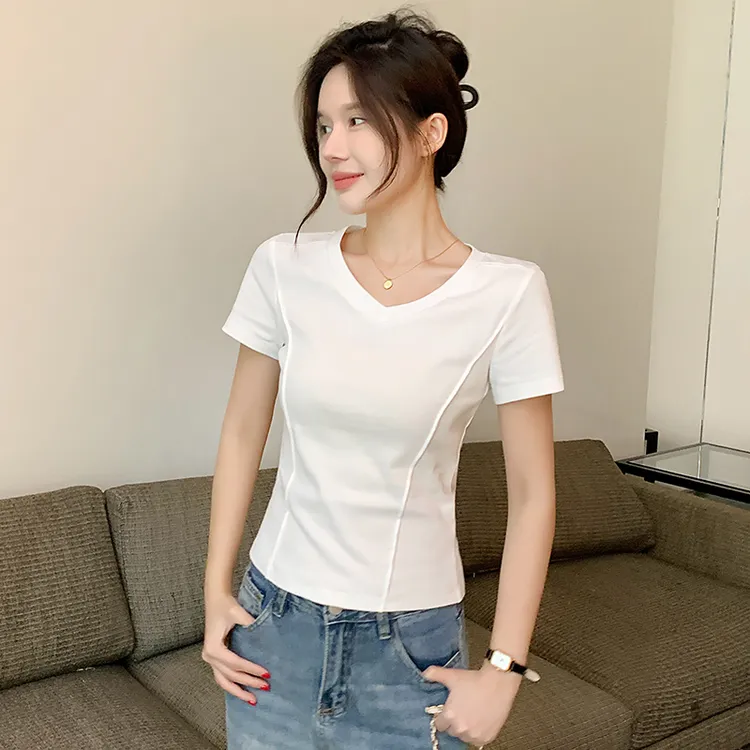 白色v领t恤女短袖夏季2025年新款鱼骨小众设计感修身百搭低领上衣