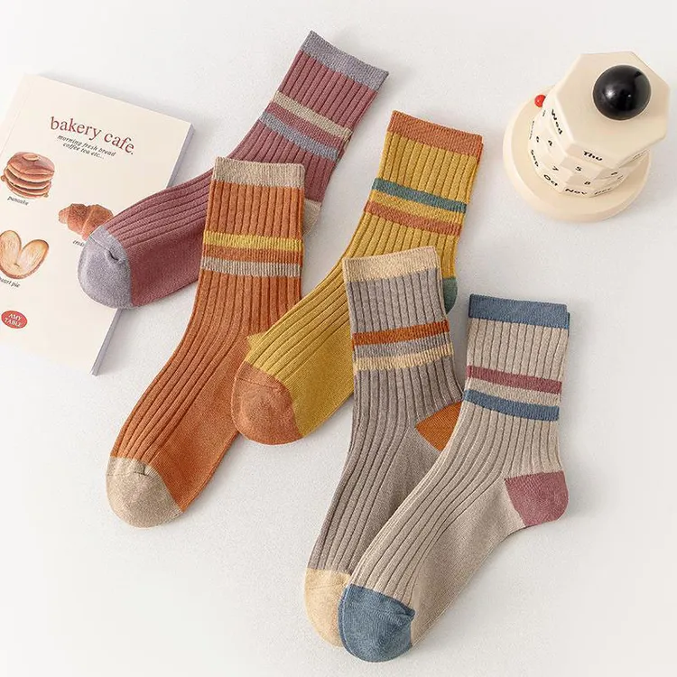 （5双装）袜子女士秋冬季中筒袜韩版时尚条纹百搭潮流学生长筒袜