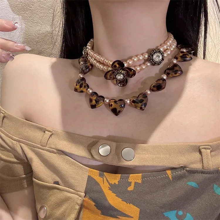 非金属项链 精品/豹纹大爱心串珠颈链Choker小众项链设计感锁骨链