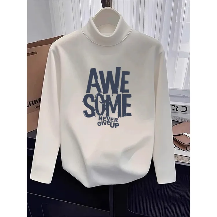 2025新款正肩半高领德绒长袖t恤女设计感时尚百搭白色上衣打底衫