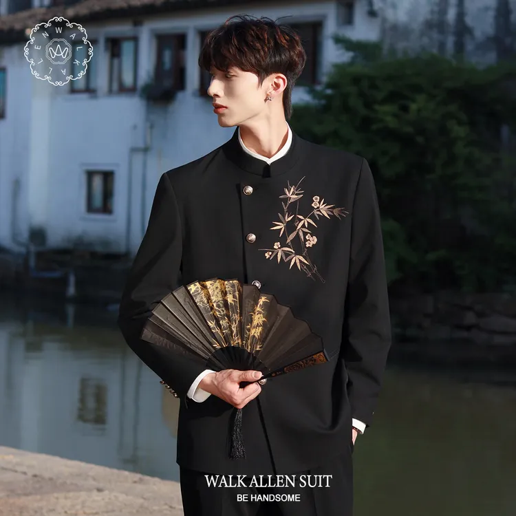 国风竹子刺绣西装外套男结婚订婚新郎新中式西服套装立领休闲唐装