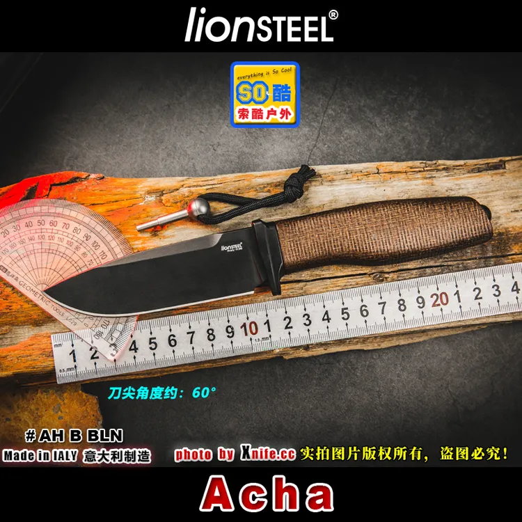 意大利进口LionSteel钢狮ACHA全黑色户外露营直刀M390钢米卡塔柄