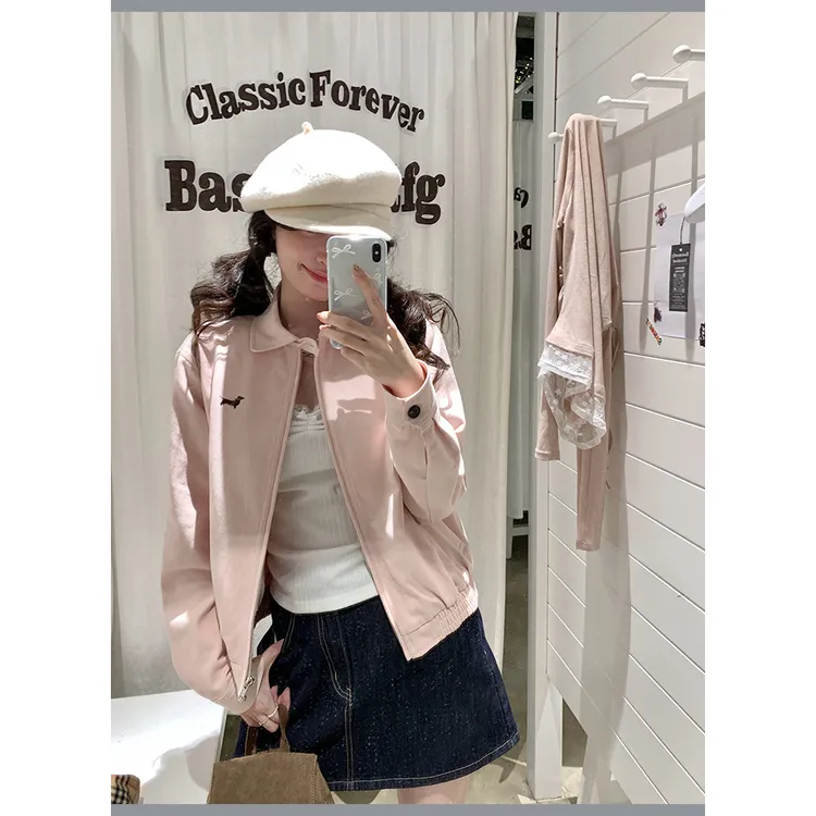 气质粉色腊肠狗刺绣夹克开衫女秋季韩系甜美风宽松休闲翻领短外套