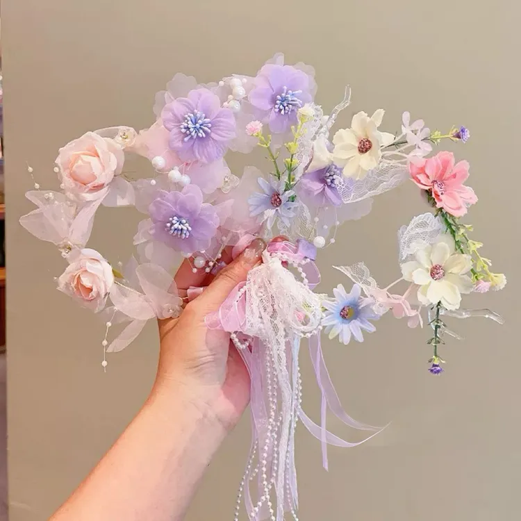 儿童发箍珍珠花朵头饰女孩公主花环编发宝宝超仙花童发饰头箍
