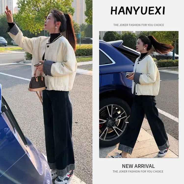 入冬穿搭一整套女装2025新款短款拼接圆领棉服外套牛仔裤两件套潮