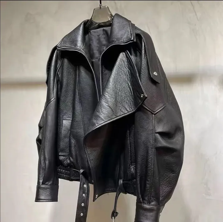 高端肌理感阔版双领机车皮衣女春秋时尚宽松显瘦8205