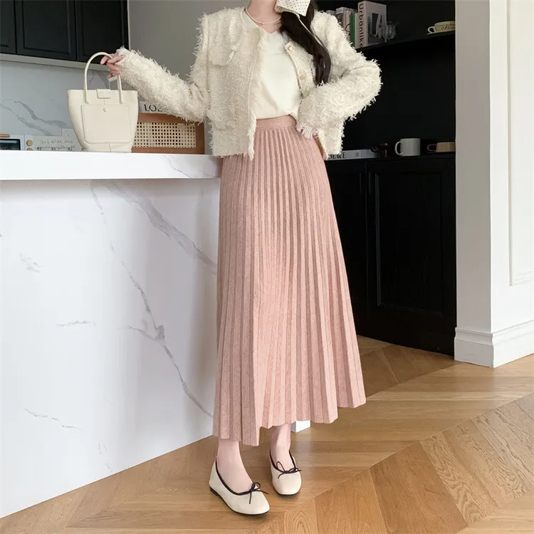 粉色百褶针织半身裙女2025秋冬新款显瘦收腰宽松大摆伞裙加长裙子