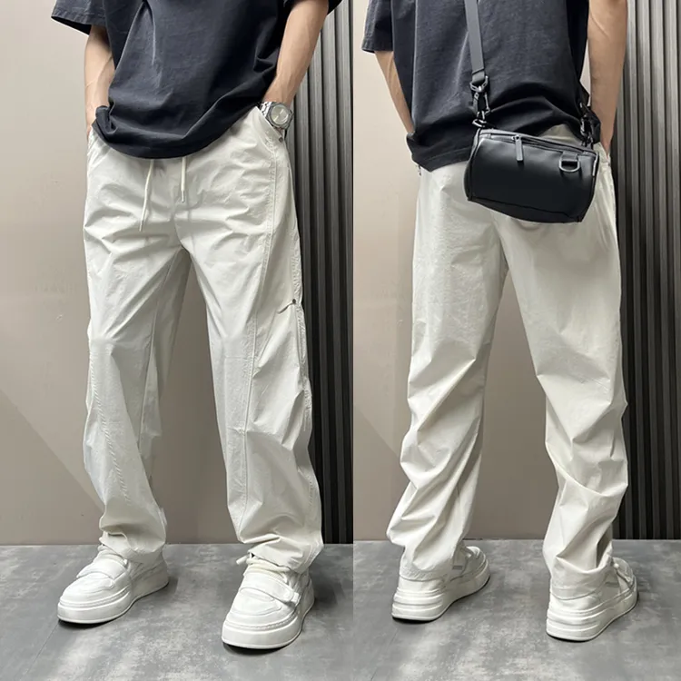 秋季新款男士简约设计感速干阔腿休闲裤男潮流纯色百搭休闲弯刀裤
