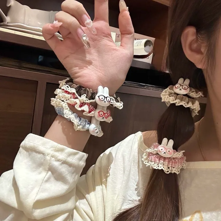 眼镜米菲兔蕾丝花边发圈ins甜美少女马尾小肠圈高颜值简约发绳