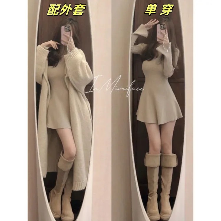 针织连衣裙子女秋季新款大衣内搭2025新款加绒打底修身短裙毛衣裙