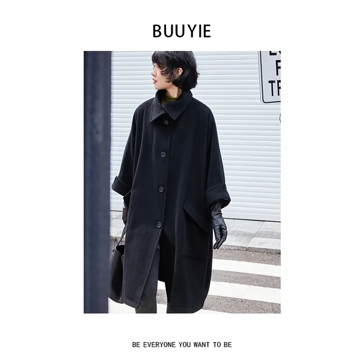 BUUYIE 【轻语】呢子大衣女小个子中长款黑色保暖毛呢外套 251002