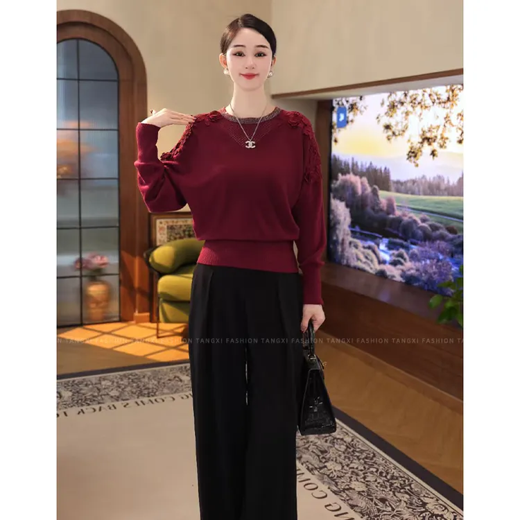 2025秋冬新款【QQ-1228-2JR】含绵羊毛长袖红色针织打底套头毛衣女