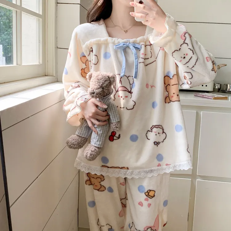 睡衣女秋冬季新款套头方领珊瑚绒卡通动漫家居服甜美风可外穿套装