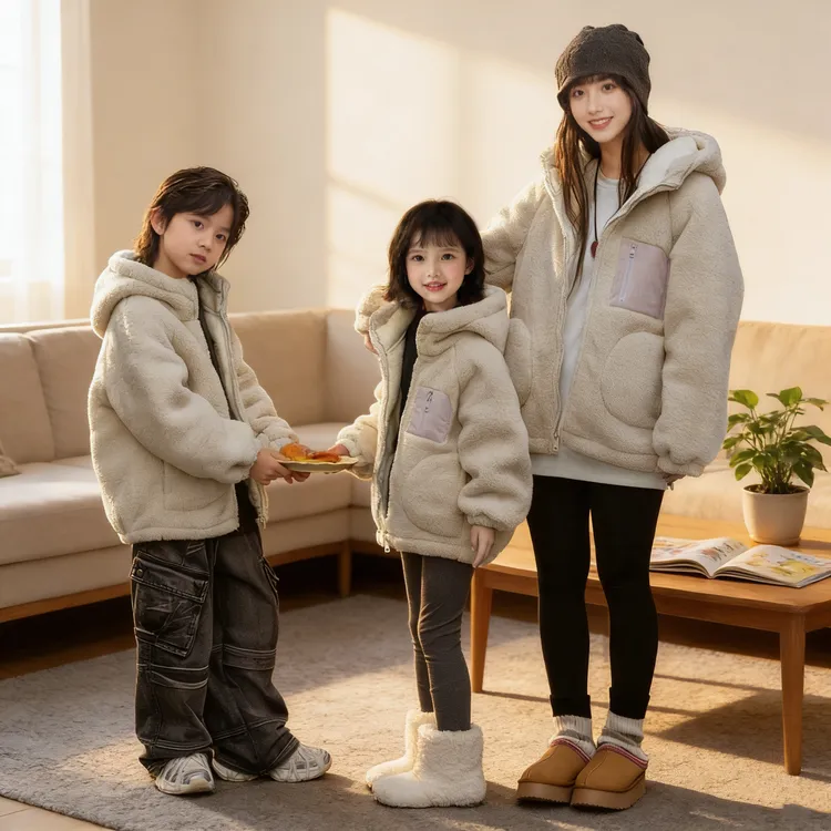 【小火炉】冬季三层夹棉加绒加厚外套亲子装中大儿童连帽家居服棉