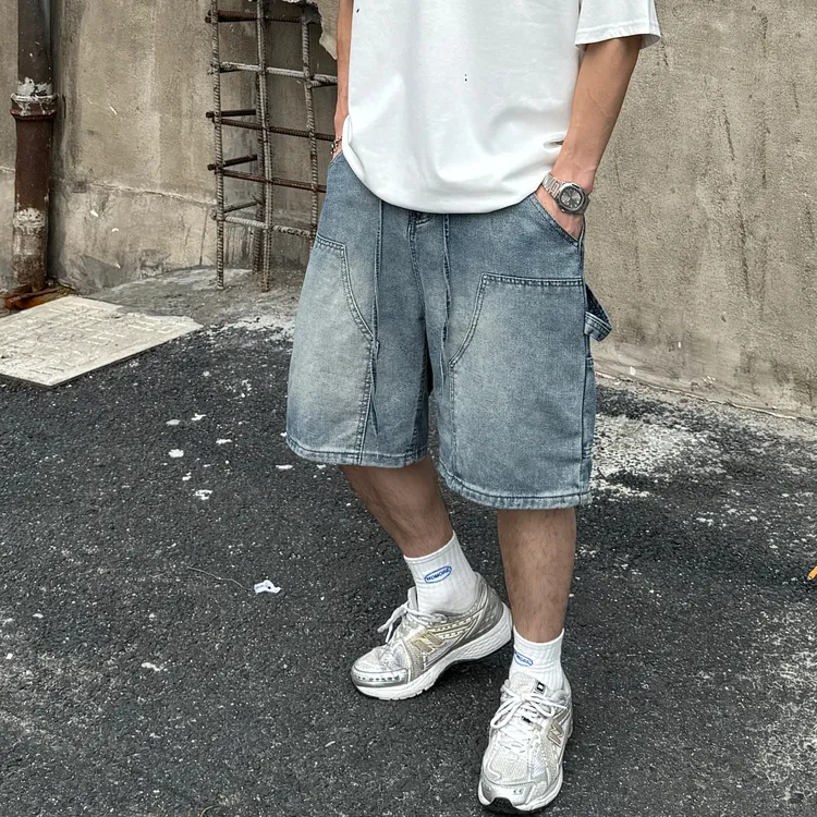 2025夏季新款男士工装ins牛仔短裤水洗磨砂复古潮流日系直筒裤215