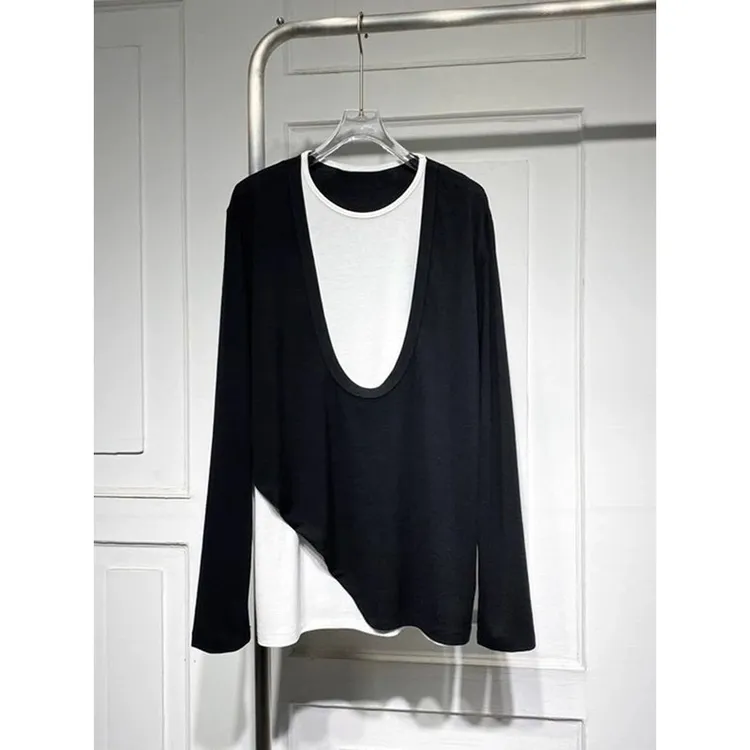 胖mm大码300斤时尚韩版撞色假两件T恤女2025秋季新款宽松显瘦上衣