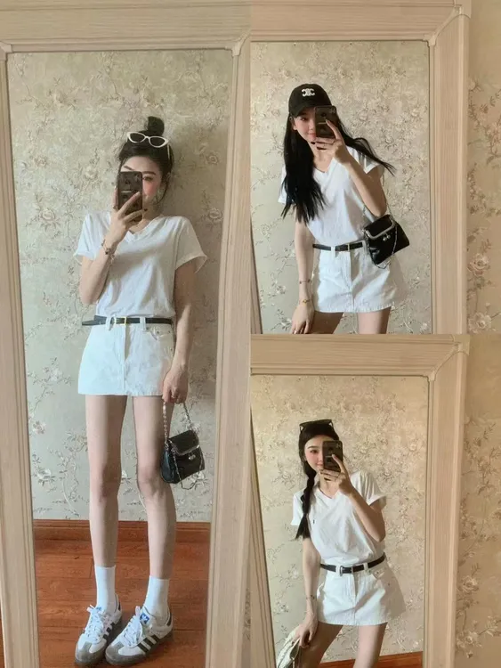 2025春夏新款韩系慵懒风白色v领短袖T恤女显瘦正肩上衣百搭半裙