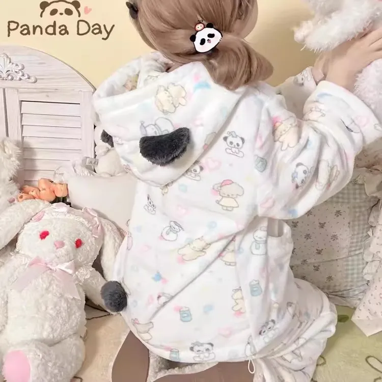软萌可爱布丁熊猫加厚法兰绒睡衣女冬季少女心加绒连帽家居服套装