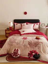 高端100支全棉匹马棉新中式婚庆重工艺刺绣轻奢红色龙凤四件套