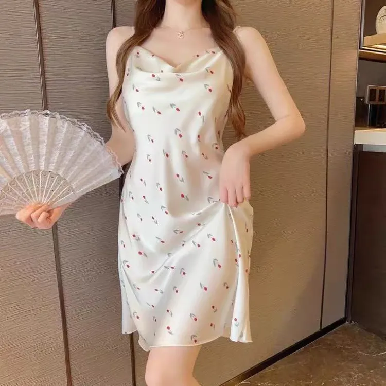 纯欲性感睡衣冰丝家居服荡领印花玫瑰吊带睡衣法式浪漫睡衣女款