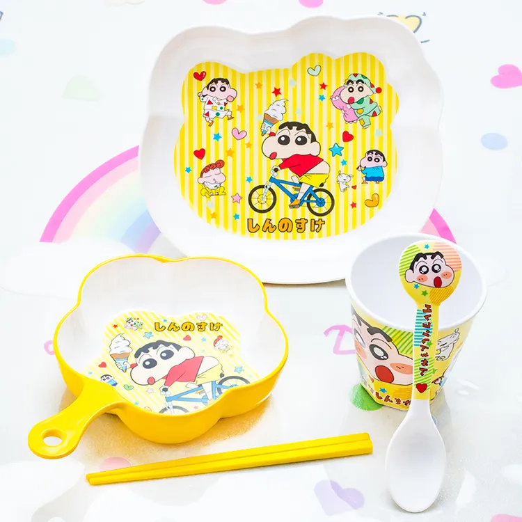 新款蜡笔小新A5密胺餐具耐摔萌趣猫型盘云朵碗勺筷杯儿童专用杯勺