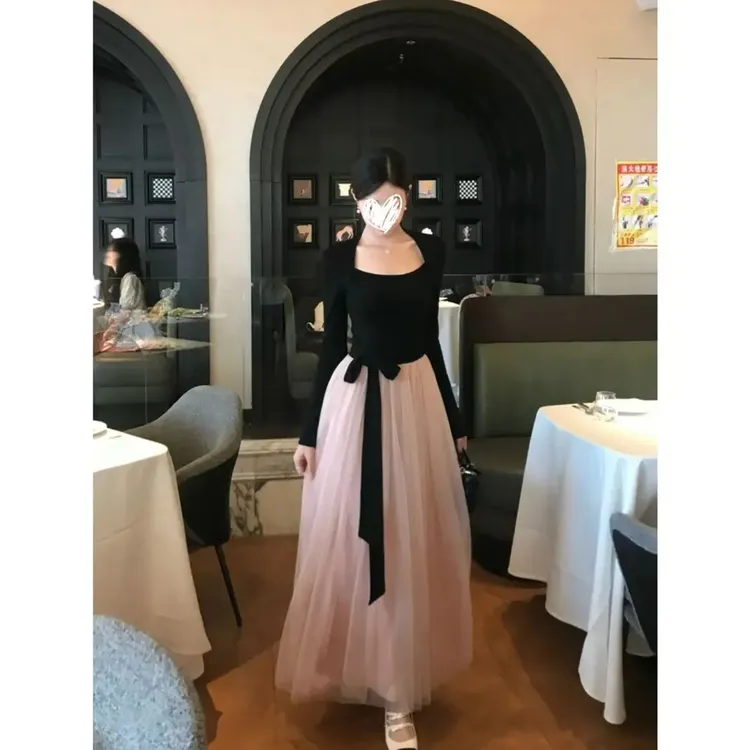 撞色网纱拼接裙子法式温柔千金风收腰长袖连衣裙A字长裙女秋00989
