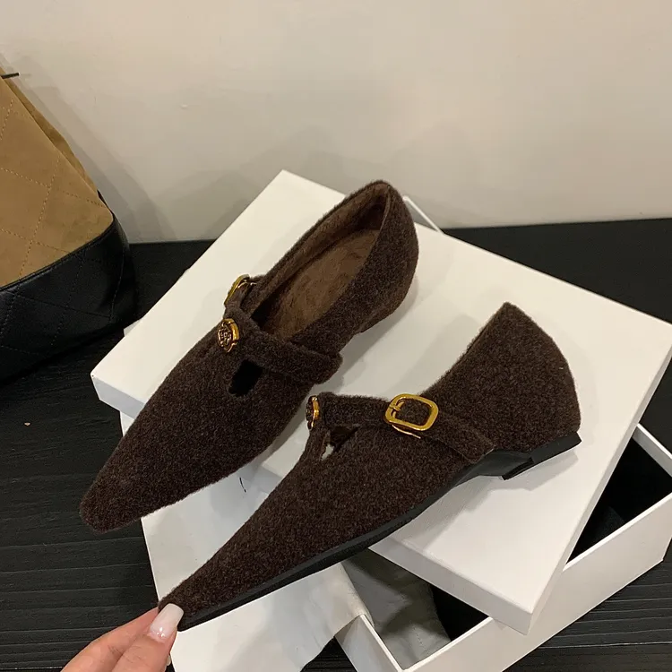 法式小香风尖头内增高呢子加绒女外穿2025秋冬新款玛丽单鞋棉瓢鞋