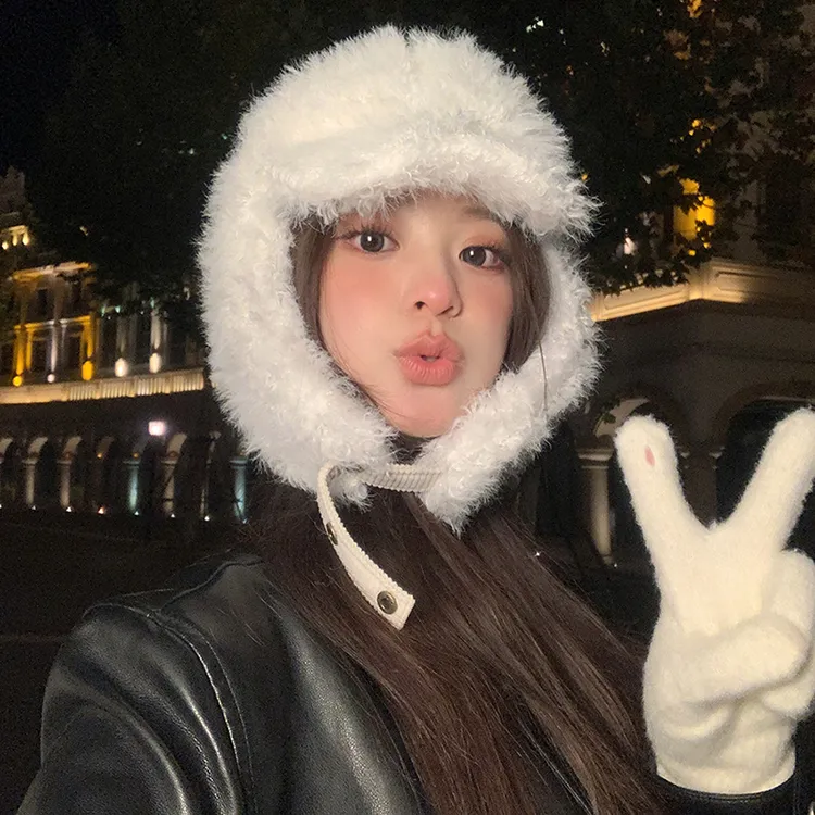 宅女同款毛绒帽子女冬季纯色加厚大头围雷锋帽加绒滑雪防风护耳帽