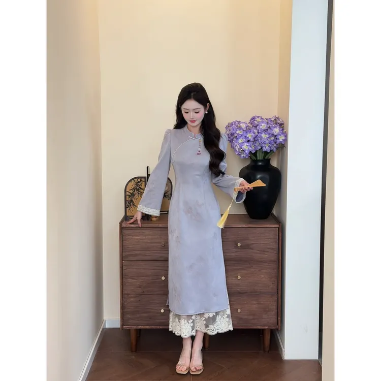 【烟雨江南】<77>新中式蝴蝶刺绣蕾丝拼接旗袍连衣裙XMZH9210