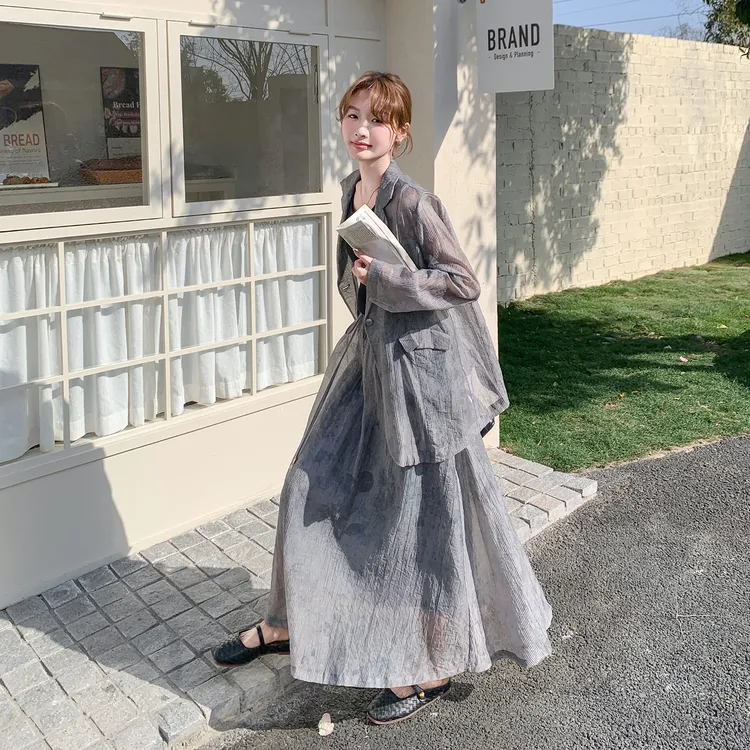 国风新中式晕染轻薄防晒套装女2025夏新款西装领上衣半身裙两件套
