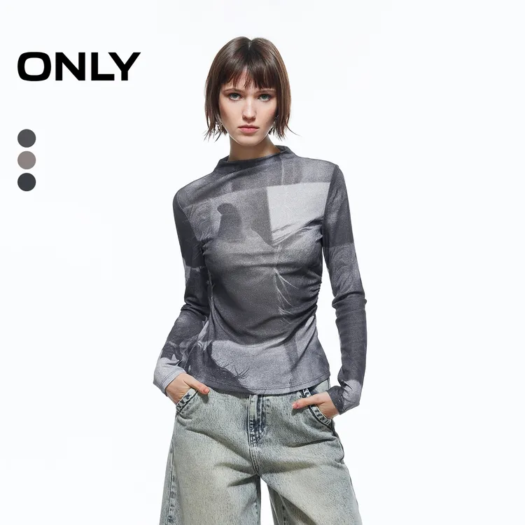 2026春季新款轻薄网纱印花收腰捏褶修身高领T恤女|126102001