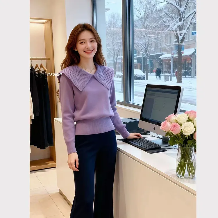 韩系休闲风2025秋冬新款大翻领竖纹长袖高级感宽松针织衫上衣女