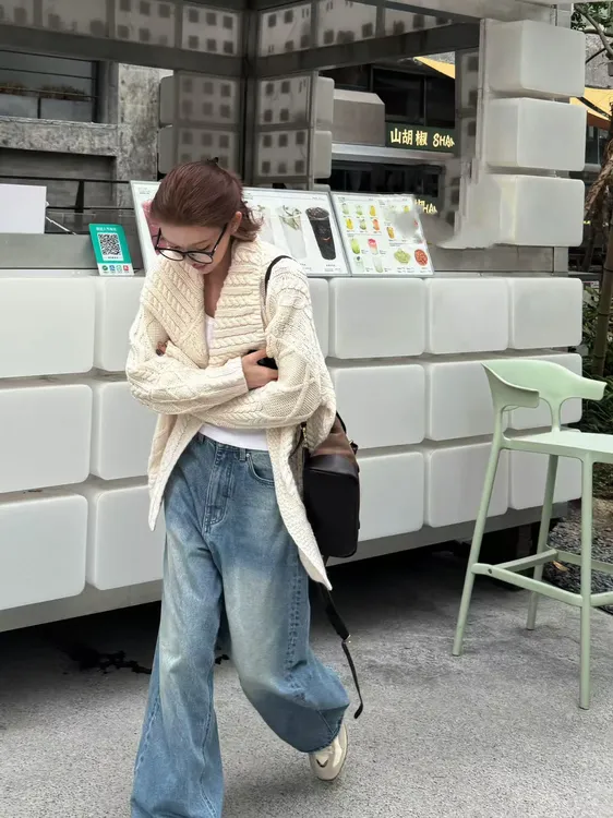  R-HER【绞花毛衣】法式复古高克重立体绞花翻领慵懒老钱针织毛衣