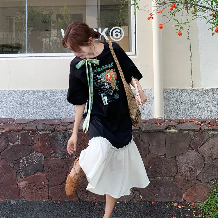 法式油画印花连衣裙女2025夏季新款慵懒休闲风绑带拼色显瘦T恤裙