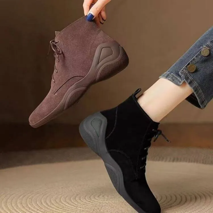 显脚小短靴女2025新款秋冬坡跟平跟鞋系带英伦风马丁靴