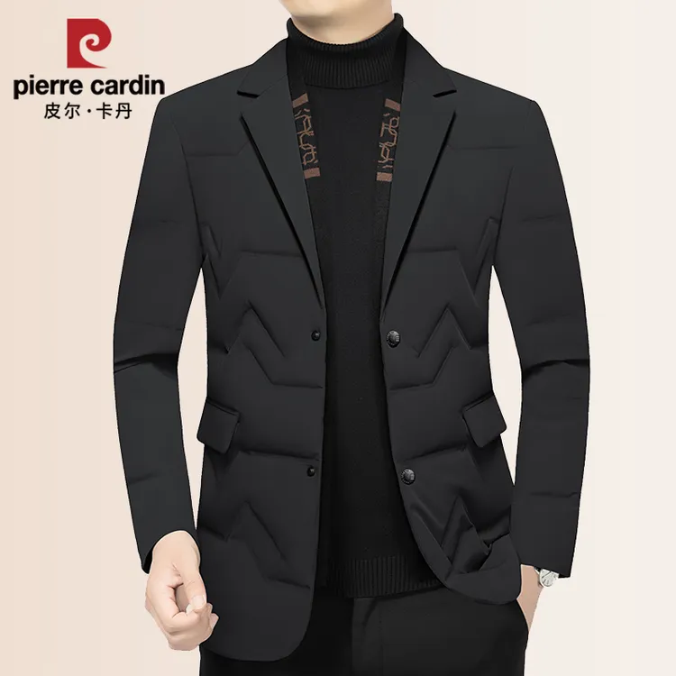 皮尔卡丹男士冬季西装加厚外套高档免烫纯色休闲羽绒西服保暖修身