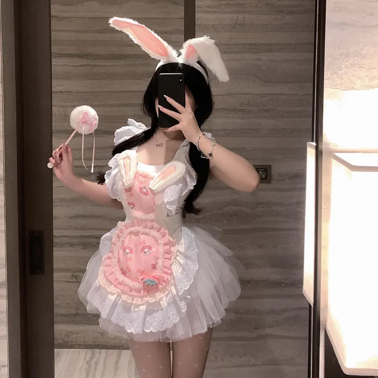 甜美小厨娘洛丽塔少女感粉色修身小飞袖兔子姐cos围裙蓬蓬裙套装