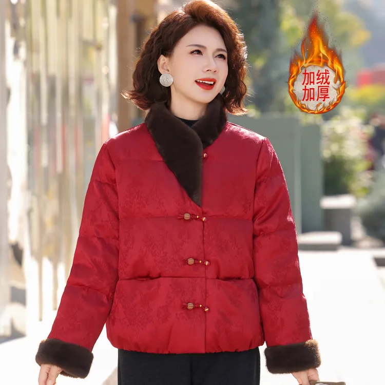 新中式红色本命年妈妈冬装加绒棉服外套中老年女装喜婆婆保暖棉袄