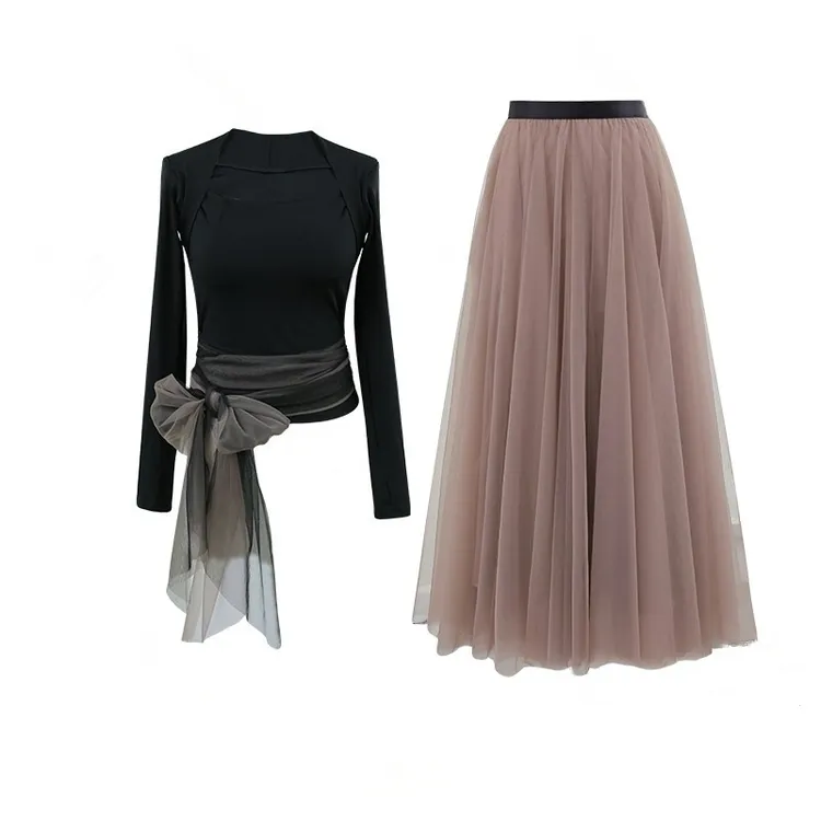 法式腰间系带设计感修身上衣优雅大裙摆半裙套装 23068#