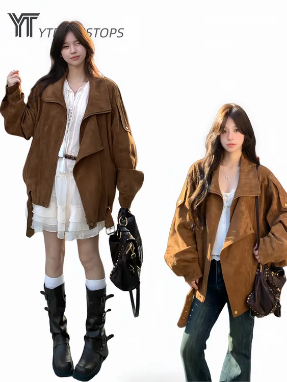 YTDT 美式机车外套秋季复古美拉德休闲宽松慵懒翻领廓形感夹克女