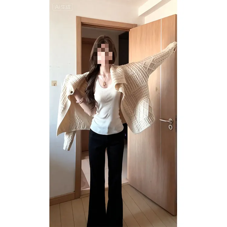 时尚洋气翻领毛衣女新款韩系别致漂亮的针织开衫外套内搭显瘦长裤