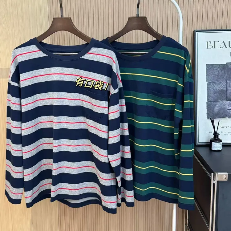 美亚恩NANA【MIU系条纹口袋】美式复古撞色条纹宽松圆领T恤C0512