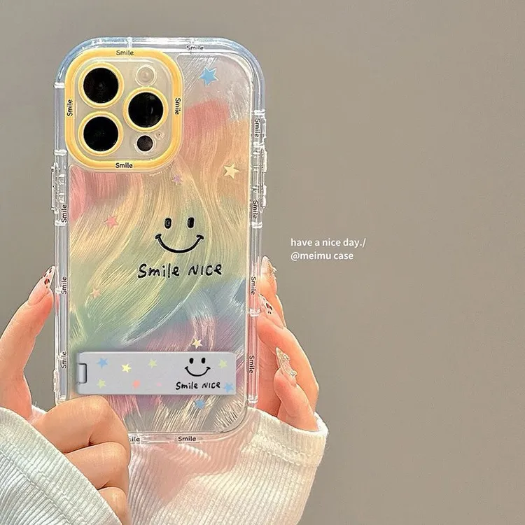 彩色笑脸支架适用苹果15/16promax手机壳vivo华为oppo小米14防摔