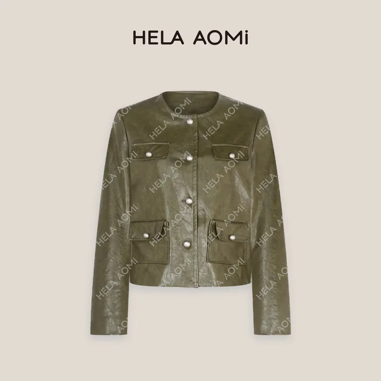 HELA AOMI“油蜡秘境”油蜡皮时尚百搭简约圆领休闲风时髦宽肩皮衣